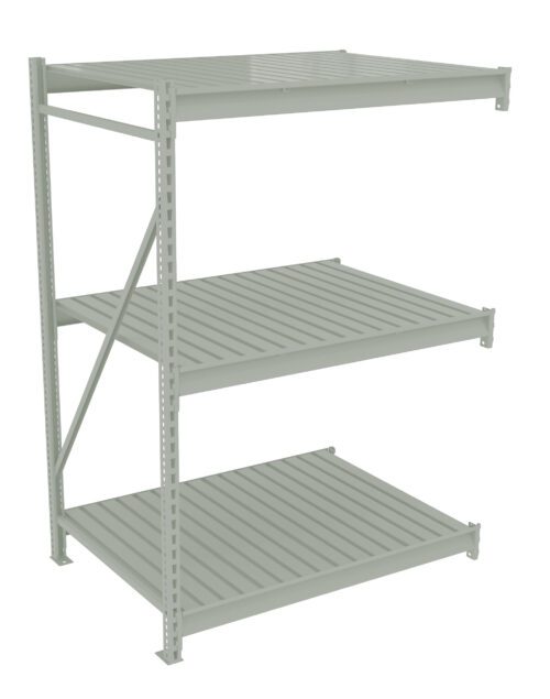Industrial metal shelving unit with three tiers, featuring ribbed shelves and a supportive frame. The unit is light gray and appears suitable for storage or warehouse use.