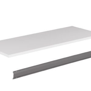 A white rectangular shelf is displayed above a metallic gray bracket, both on a plain white background. The shelf is meant to rest on the bracket for support when mounted.