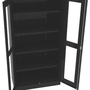 Black metal cabinet with transparent glass doors open wide, displaying four evenly spaced shelves.