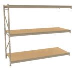 A three-tier metal storage rack with wooden shelves, designed for heavy-duty storage. The frame is metallic, and the shelves are evenly spaced, offering ample space for organizing items. The rack is freestanding with a simple design.