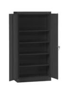 A tall, open, black metal cabinet with two doors and a lock. It has five shelves inside, providing ample storage space. The cabinet is empty and set against a plain white background.