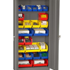 A gray metal cabinet with one door open, revealing shelves filled with assorted small bins. The bins are red, blue, and yellow, containing various hardware items like screws and bolts.