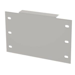 A flat, rectangular metal plate with six evenly spaced holes, three on each side, against a plain white background. The plate has a small rectangular extension at the top center.