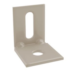A beige L-shaped metal bracket with a large vertical slot on the upright section and a circular hole on the base. The bracket is designed for mounting or support purposes.