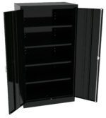 A black metal storage cabinet with its two doors open, revealing four empty shelves inside. The cabinet stands upright, showcasing its spacious interior suitable for organizing various items.