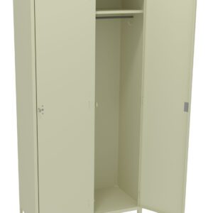Open beige metal locker with three compartments. The right door is fully open, revealing a hanging rod inside. The left door is closed. The middle section is wider with additional shelving space on top. The locker stands on short legs.