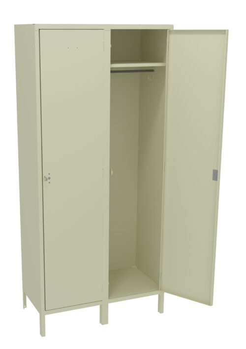 Open beige metal locker with three compartments. The right door is fully open, revealing a hanging rod inside. The left door is closed. The middle section is wider with additional shelving space on top. The locker stands on short legs.