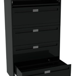 A tall, black metal filing cabinet with five drawers is shown. The top drawer is slightly open, while the bottom drawer is fully extended. Each drawer has a silver handle. The cabinet stands against a white background.