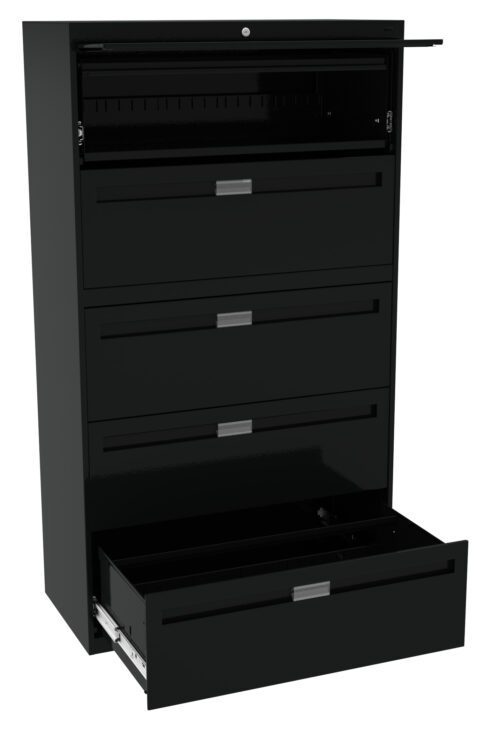 A tall, black metal filing cabinet with five drawers is shown. The top drawer is slightly open, while the bottom drawer is fully extended. Each drawer has a silver handle. The cabinet stands against a white background.