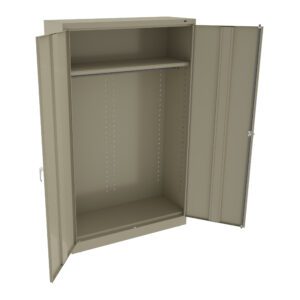 A metal storage cabinet with two open doors is shown. It has a gray finish, a single shelf at the top, and an empty compartment below. The cabinet features a handle on its left side.