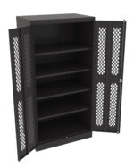A black metal cabinet with open mesh-patterned doors, revealing five empty shelves inside. The cabinet stands on the floor with the doors widely opened.