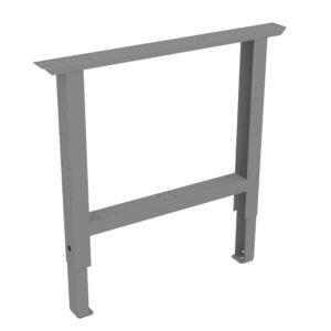 Grey metal table frame with an adjustable height feature. The frame has a rectangular shape with a supportive horizontal crossbar. The design is minimalist and sleek, suitable for modern furniture assembly.