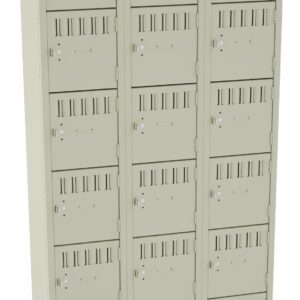 A beige metal storage locker with three columns and five rows, totaling fifteen individual compartments. Each compartment has a vented door with a lock mechanism. The locker stands upright, designed for secure storage.