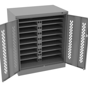 A gray metal storage cabinet with open double doors and diagonal grid patterns. Inside, there are ten shelves with charging stations that have power outlets and connectors, suitable for organizing and charging electronic devices.