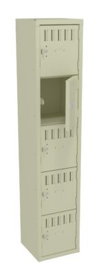 A beige multi-tiered locker with five compartments, one of which is open. Each compartment has a small square door with a latch and ventilation slots. The locker stands upright against a plain white background.