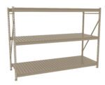 A beige metal shelving unit with three levels. The shelves have a slatted design and are supported by vertical and diagonal beams for stability. The unit stands on a flat surface, suitable for storage or organizational purposes.