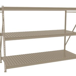 A beige metal shelving unit with three levels. The shelves have a slatted design and are supported by vertical and diagonal beams for stability. The unit stands on a flat surface, suitable for storage or organizational purposes.