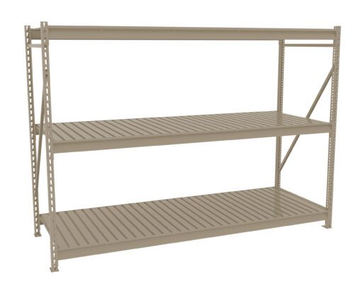 A beige metal shelving unit with three levels. The shelves have a slatted design and are supported by vertical and diagonal beams for stability. The unit stands on a flat surface, suitable for storage or organizational purposes.