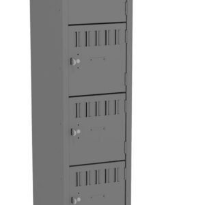 A tall gray steel locker with six individual lockable compartments, all featuring slotted vents. The top compartment door is open, revealing its interior. The locker stands on four legs.