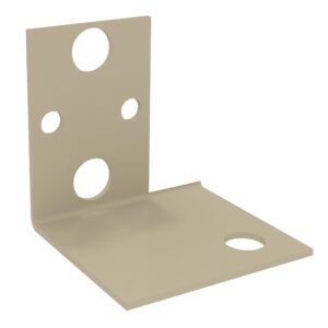 A beige, L-shaped metal bracket with multiple circular holes of varying sizes. It features one large hole and two smaller ones on the vertical section, and one large hole on the horizontal section.