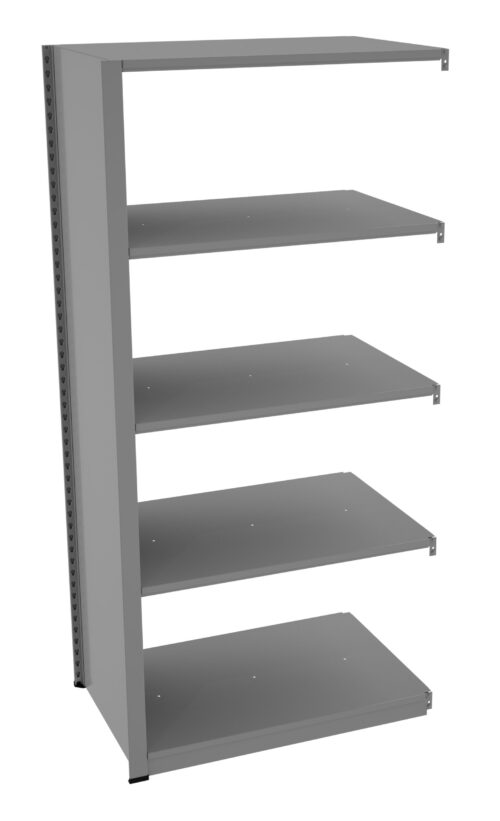 uubbl9lqimsezzwjpkwf.jpg A tall, grey metal shelving unit with five evenly spaced shelves is shown. It has an open design with a solid back panel on the left side and appears free-standing. The shelves are flat and unadorned.