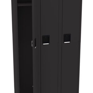 A black, three-compartment metal parcel locker stands with one door ajar, revealing an empty interior featuring a single shelf. The locker boasts vent slots and simple rectangular handles on each door.