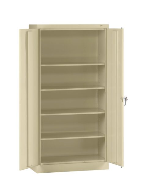 A beige metal storage cabinet with two open doors, revealing five adjustable shelves inside. The cabinet features a lock on the right door for security.