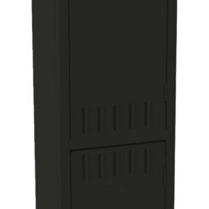 A tall, black metal locker with two compartments, each featuring a recessed handle and ventilation slots. The locker stands upright against a plain background.