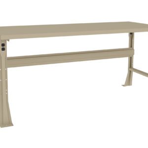 A beige, industrial-style workbench with adjustable height legs and a sturdy metal frame. The table has a flat rectangular surface suitable for various tasks.