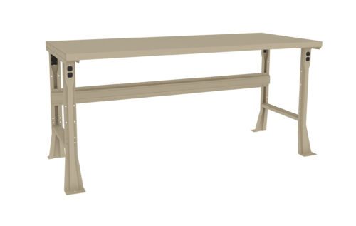 uvaizugn4mw9ghoybvwt.jpg A beige, industrial-style workbench with adjustable height legs and a sturdy metal frame. The table has a flat rectangular surface suitable for various tasks.