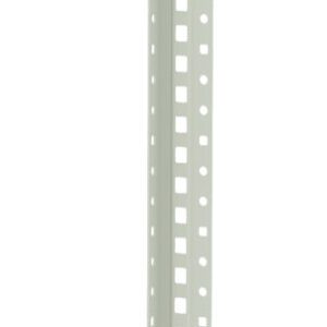 A long, vertical metal strip with a series of small, evenly spaced rectangular cutouts running along its length. The strip has a light grey color and appears to be part of a structural or construction component.