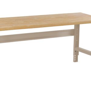 A sturdy workbench with a light wood top and beige metal legs. The work surface is flat and rectangular, supported by adjustable leg brackets with visible bolts, designed for workshop or garage use.