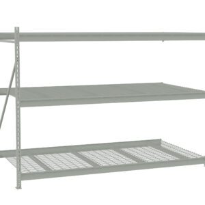 Industrial gray metal shelving unit with three adjustable shelves. The middle and bottom shelves have metal mesh surfaces, while the top shelf is solid. The unit is standing against a white background.