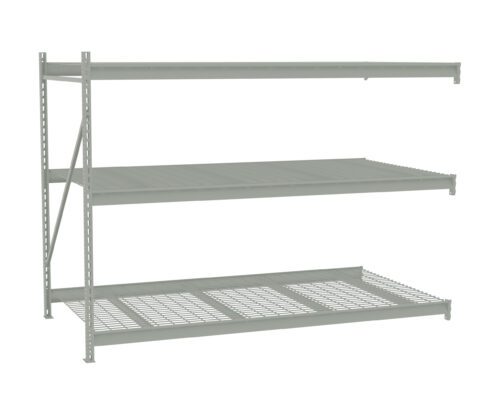 Industrial gray metal shelving unit with three adjustable shelves. The middle and bottom shelves have metal mesh surfaces, while the top shelf is solid. The unit is standing against a white background.