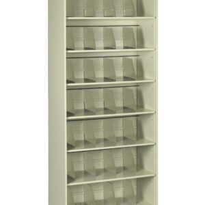 Tall beige shelving unit with multiple transparent rows. Each row contains several clear, angled compartments designed for organizing documents or materials. The shelf is empty against a white background.