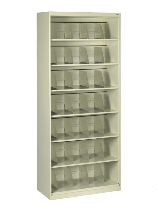 Tall beige shelving unit with multiple transparent rows. Each row contains several clear, angled compartments designed for organizing documents or materials. The shelf is empty against a white background.