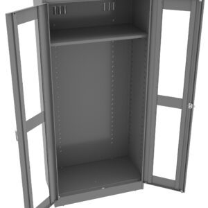 A tall, empty metal cabinet with open double glass doors. The cabinet is gray with adjustable shelves and ventilation slots near the top. Each door has a handle and lock. The interior is spacious, designed for storage or organization.