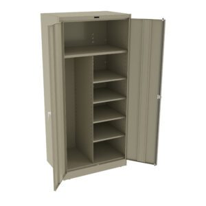 A beige metal storage cabinet with two doors open, revealing multiple shelves inside. The cabinet has a simple, utilitarian design with adjustable shelf spacing. The right door features a lock mechanism.
