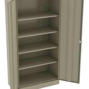 A beige metal storage cabinet with two open doors revealing five empty shelves, including the cabinet bottom. The cabinet has a simple, utilitarian design, suitable for organizing and storing various items.