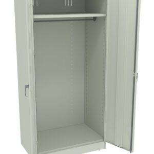 A light gray, metal storage cabinet with two open doors. It features a single shelf at the top and a hanging rod beneath it. The interior and exterior are plain, with a simple handle on each door.