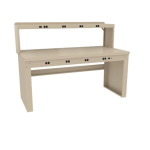 A beige workbench with a sturdy flat surface and an elevated shelf. The design features multiple cutouts along the back panel for cable management. The unit has a minimalist appearance with simple lines and a functional layout.
