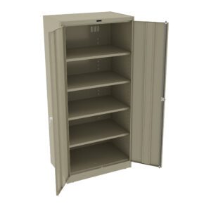 An open, tall metal storage cabinet with olive green color, featuring five spacious shelves inside. The cabinet doors are wide open, showing empty shelves and a lock mechanism on the right-side door.