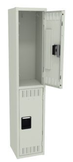 A tall, light gray metal locker with two compartments. The upper door is open, revealing hooks inside, while the lower door remains closed. The locker has ventilation slots and a simple design.