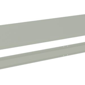 A gray rectangular metal shelf with a matching metal strip, designed for easy assembly and installation. The shelf has a smooth surface, and the strip has pre-drilled holes for mounting. Both pieces are shown in a minimalistic layout.