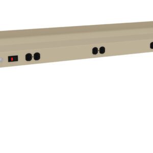 A beige metal desk riser with multiple power outlets, including four sets of sockets and a power switch, designed to fit over a workbench for added electrical access.
