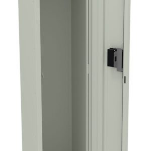 A tall, light gray metal locker with an open door. Inside, a single shelf and a hanging rod are visible, with a lock mechanism on the door. The locker stands on four short legs and has a simple, functional design.