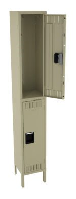 A tall, beige metal locker with two compartments. The upper compartments door is open, revealing a spacious interior. The lower compartments door is closed. Each door has a rectangular handle. The locker stands on four short legs.