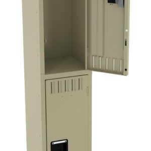 A tall, beige metal locker with two compartments. The upper compartments door is open, revealing a spacious interior. The lower compartments door is closed. Each door has a rectangular handle. The locker stands on four short legs.