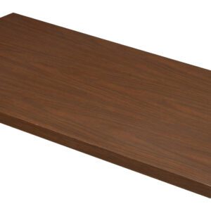 Rectangular wooden shelf with a smooth, dark brown finish, viewed at an angle against a white background.