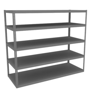 Gray metal shelving unit with five empty shelves, featuring perforated side supports for adjustable shelf heights. The shelves are evenly spaced and the overall structure is sturdy and industrial.